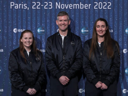 ESA Astronaut Class of 2022 Meganne Christian (L), John McFall (C), and Rosemary Coogan (R) pose during a ceremony to unveil the European Space Agency new class of career astronauts in Paris on November 23, 2022. - ESA choose two women and three men from five different Western European countries …
