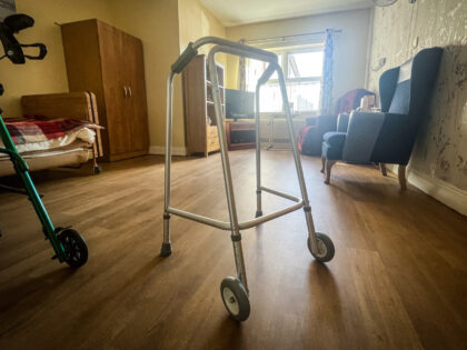 BRISTOL, UNITED KINGDOM - JANUARY 22: A walking frame is left in the room of an elderly resident in a residential care home, on January 22, 2022 in Bristol, England. As people live longer and longer lives, social health care provision for elderly people and those with health complications in …