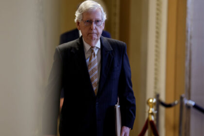 WASHINGTON, DC - SEPTEMBER 27: Senate Minority Leader Mitch McConnell (R-KY) walks to the Senate Chambers in the U.S. Capitol Building on September 27, 2022 in Washington, DC. Later today the U.S. Senate will vote on a procedural vote for legislation to provide short-term government funding, which includes energy permitting …