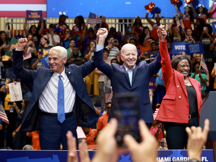 MIAMI GARDENS, FLORIDA - NOVEMBER 01: U.S. President Joe Biden stands with Democratic U.S. Senate candidate, Rep. Val Demings (D-FL) and gubernatorial candidate Charlie Crist during a rally at Florida Memorial University on November 01, 2022 in Miami Gardens, Florida. Biden was campaigning for the two ahead of the November …