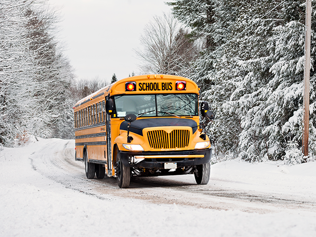 A school bus drives down a snow covered rural country road lined with snow covered trees after a snow storm during the winter season