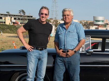 JAY LENO'S GARAGE -- "Wolf in Sheep's Clothing" Episode 206 -- Pictured: (l-r) Tim Allen, Jay Leno -- (Photo by: Nicole Weingart/CNBC/NBCU Photo Bank/NBCUniversal via Getty Images)