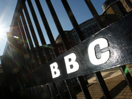 The BBC logo on a gate at BBC Television Centre after it was confirmed the closure of digital radio stations 6 Music and the Asian Network. (Photo by Dominic Lipinski/PA Images via Getty Images)