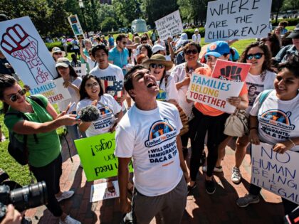 WASHINGTON, DC -- JUNE 30: Gerson Quinteros, a DACA recipient from El Salvador who lives in DC, leads protesters from United We Dream, before the start of the rally. Protestors of the Trump Administration's immigration policy participate in a rally at Lafayette Square then march to the Justice Department. Billed …