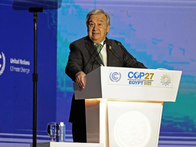 TOPSHOT - United Nations Secretary General Antonio Guterres delivers a speech at the leaders summit of the COP27 climate conference at the Sharm el-Sheikh International Convention Centre, in Egypt's Red Sea resort city of the same name, on November 7, 2022. (Photo by JOSEPH EID / AFP) (Photo by JOSEPH …