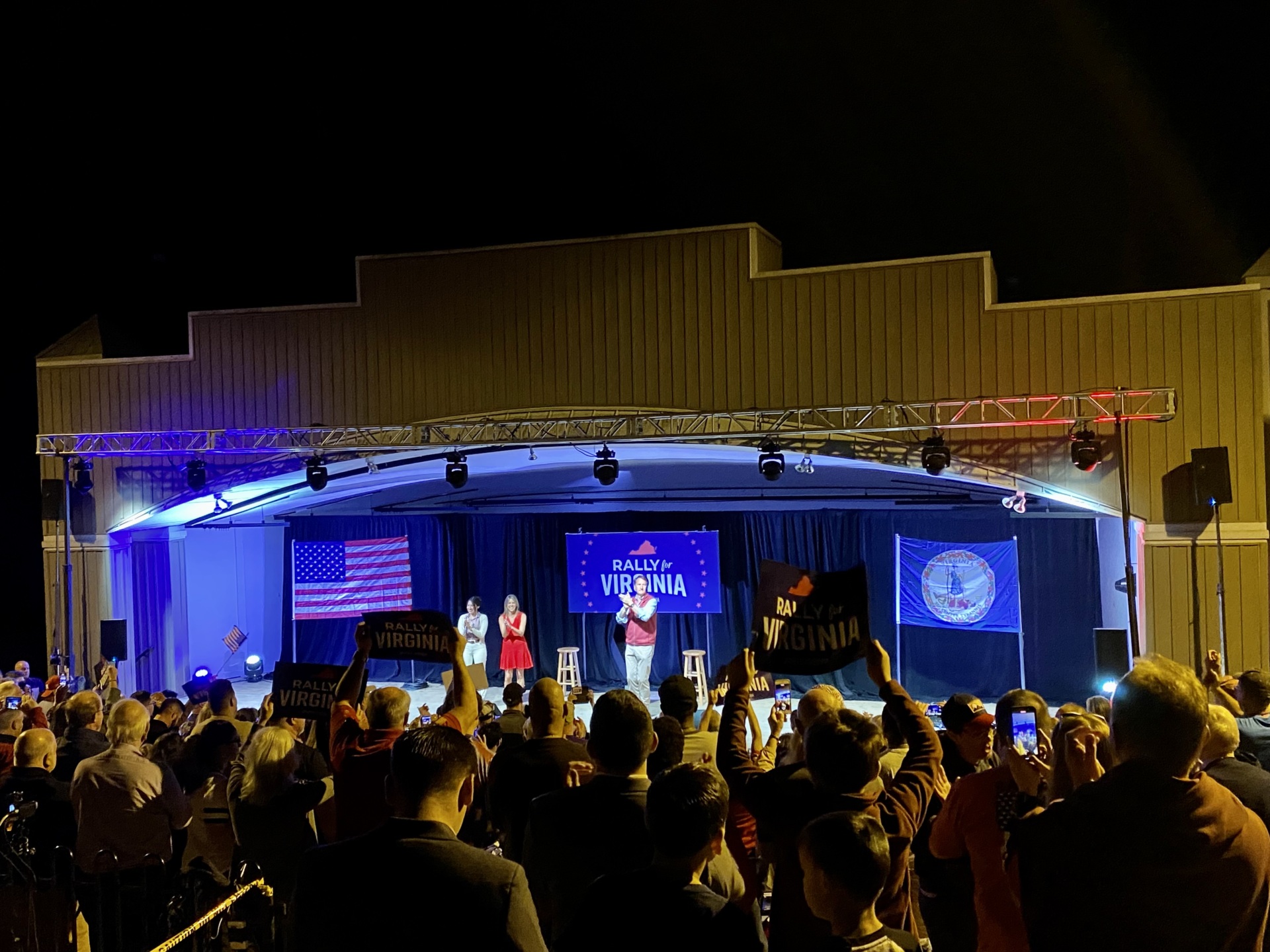 Republican candidate Yesli Vega and Virginia First Lady Suzanne Youngkin on stage with Virginia Gov. Glenn Youngkin (R) in Triangle, Virginia.