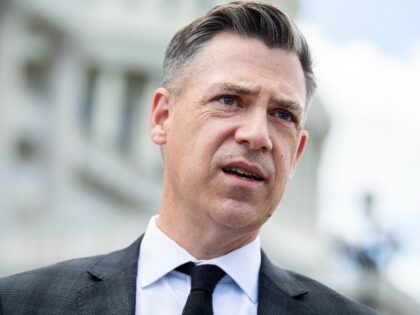 Rep. Jim Banks, R-Ind., talks with reporters on the House steps of the Capitol on Thursday, May 13, 2021. (Photo By Tom Williams/CQ-Roll Call, Inc via Getty Images)