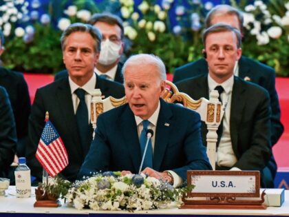 CAMBODIA-US-ASEAN-SUMMIT US President Joe Biden (C) speaks during the ASEAN-US summit as p