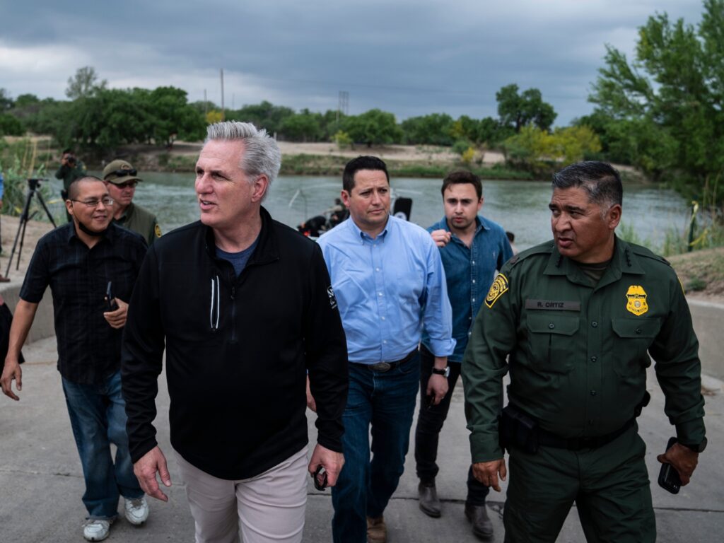 Eagle Pass, TX - April 25 : House Minority Leader Kevin McCarthy, R-Calif., disembarks a U.S. Border Patrol air boat as he leads a group of fellow Republicans on a tour of the U.S.-Mexico border on Monday, April 25, 2022 in Eagle Pass, TX. (Photo by Jabin Botsford/The Washington Post via Getty Images)