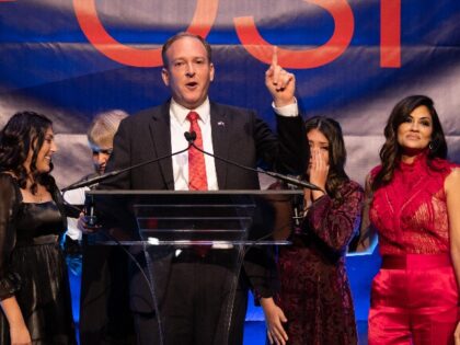 Congressman Lee Zeldin, Republican candidate for governor of New York, speaks onstage during his election watch party in New York City on November 8, 2022. - New York Governor Kathy Hochul, the Democratic incumbent and the first woman to serve in the post, fended off a stiff challenge from Republican …