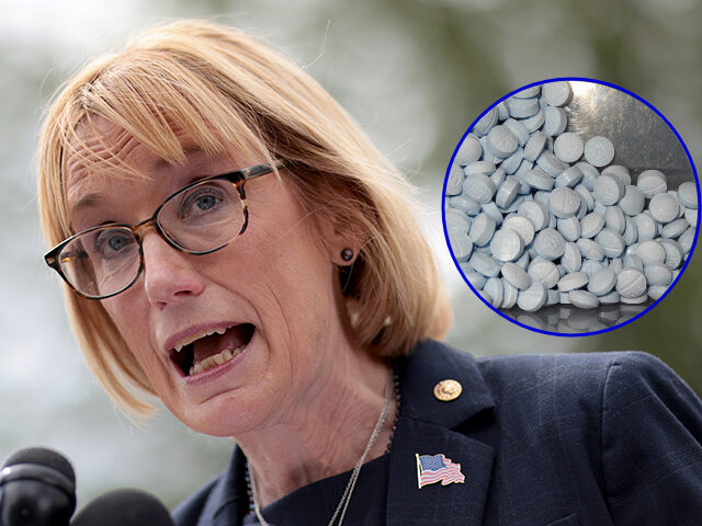 Sen. Maggie Hassan speaks with an inset of pills laced with fentanyl (Win McNamee/Getty Im