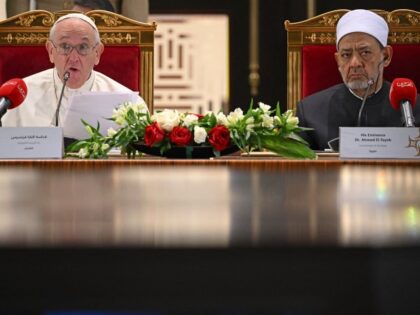 Pope Francis (L) speaks during a meeting with members of the Muslim Council of Elders, alongside the Grand Imam of al-Azhar mosque Sheikh Ahmed Al-Tayeb, in the mosque courtyard of Sakhir Royal Palace in Bahrain's Sakhir city on November 4, 2022. (MARCO BERTORELLO/AFP via Getty Images)