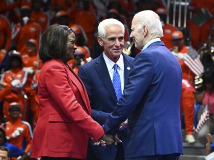 Rep. Val Demings, a Democrat from Florida, from left, Charlie Crist, Democratic gubernatorial candidate for Florida, and President Joe Biden during a DNC rally in Miami Gardens, Florida, on Tuesday, Nov. 1, 2022. President Biden is kicking off the final campaign stretch before Nov. 8 elections that will determine whether …