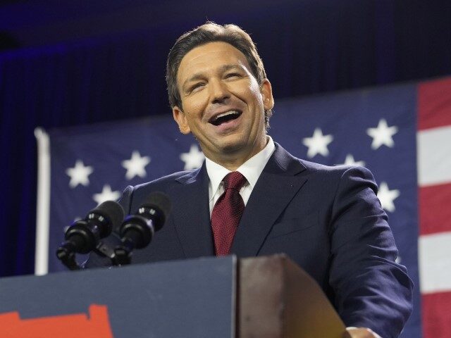Incumbent Florida Republican Gov. Ron DeSantis speaks to supporters at an election night p
