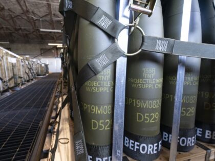 FILE - Pallets of 155 mm shells ultimately bound for Ukraine are loaded by the 436th Aerial Port Squadron, Friday, April 29, 2022, at Dover Air Force Base, Delaware. United States officials say that as Russia’s war on Ukraine drags on, U.S. security assistance is shifting to a longer-term campaign …