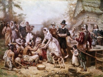 Painting by J.L.M. Ferris of the first Thanksgiving ceremony with Native Americans and the