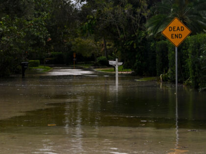 A flooded street after Hurricane Nicole's landfall, in Vero Beach, Florida, on November 10, 2022. - Tropical Storm Nicole slowed after making landfall in the US state of Florida, meteorologists said Thursday. (Photo by Eva Marie UZCATEGUI / AFP) (Photo by EVA MARIE UZCATEGUI/AFP via Getty Images)