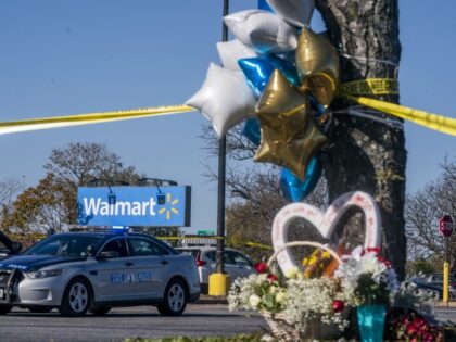 CHESAPEAKE, VA - NOVEMBER 23: A memorial is seen at the site of a fatal shooting in a Walmart on November 23, 2022 in Chesapeake, Virginia. Following the Tuesday night shooting, six people were killed, including the suspected gunman. (Photo by Nathan Howard/Getty Images)
