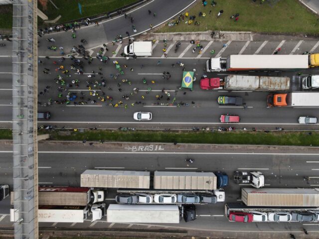 Aerial view showing supporters of President Jair Bolsonaro, mainly truck drivers, blocking