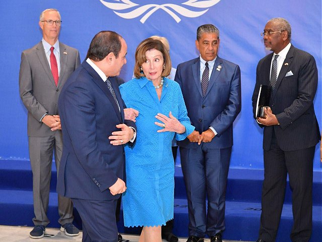 SHARM EL SHEIKH, EGYPT - NOVEMBER 11: (----EDITORIAL USE ONLY - MANDATORY CREDIT - "EGYPTIAN PRESIDENCY / HANDOUT" - NO MARKETING NO ADVERTISING CAMPAIGNS - DISTRIBUTED AS A SERVICE TO CLIENTS----) US House of Representatives Speaker Nancy Pelosi (R), Egyptian President Abdel Fattah el-Sisi (L) meet during the 2022 United Nations Climate Change Conference, more commonly known as COP27, at the Sharm El Sheikh International Convention Centre, in Egypt's Red Sea resort of Sharm El Sheikh, Egypt on November 11, 2022. (Photo by Egyptian Presidency/Anadolu Agency via Getty Images)