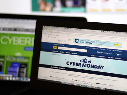 Ads for Cyber Monday sales displayed on laptop computer screens. (Justin Sullivan/Getty Im