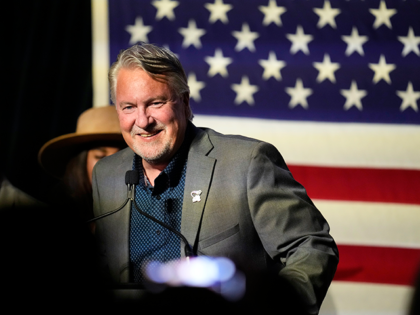 Joe O'Dea, Republican nominee for the U.S. Senate seat held by Democrat Michael Bennet, speaks during a primary election night watch party late Tuesday, June 28, 2022, in Denver. (AP Photo/David Zalubowski)