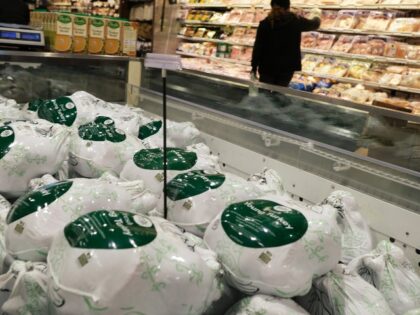 Frozen turkeys are displayed for sale inside a grocery store on November 14, 2022 in New York City. The price of turkeys, a staple for many Americans at Thanksgiving, is at record highs this year due to inflation and a rise in the price of feed among other cost issues. …