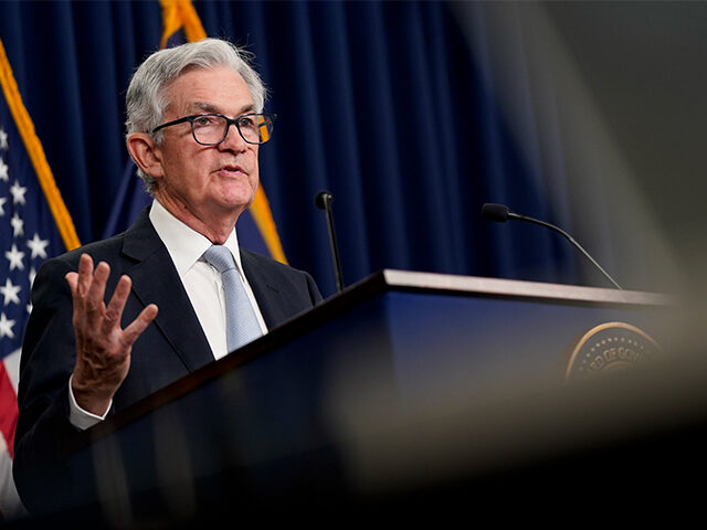 Federal Reserve Chairman Jerome Powell departs after speaking at a news conference followi