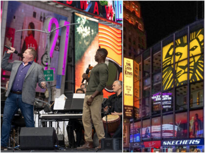 NEW YORK, NY - JANUARY 02: (EDITOR’S NOTE: This is a panoramic image stitched from several frames) A general view of the Lion King billboard advertising the Broadway musical in Times Square on January 2, 2020 in New York City. The Lion King is a musical based on the 1994 …