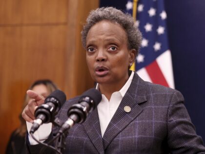 Chicago Mayor Lori Lightfoot speaks to the media about two children that were killed in separate incidents on Wednesday and about public safety measures for the Halloween weekend on Thursday, Oct. 27, 2022. (Chris Sweda/Chicago Tribune/Tribune News Service via Getty Images)