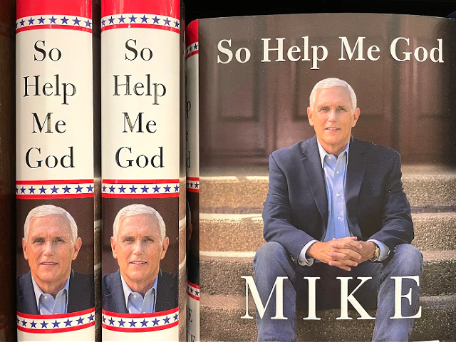 CORTE MADERA, CALIFORNIA - NOVEMBER 15: Copies of the new book "So Help Me God" by former U.S. Vice President Mike Pence are displayed on a shelf at a Barnes & Noble bookstore on November 15, 2022 in Corte Madera, California. The new autobiography by former VP Mike Pence hit bookstore shelves today (Photo by Justin Sullivan/Getty Images)
