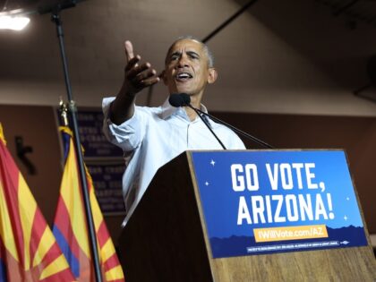 PHOENIX, ARIZONA - NOVEMBER 02: Former U.S. President Barack Obama delivers remarks at a campaign event for Arizona Democrats at Cesar Chavez High School on November 02, 2022 in Phoenix, Arizona. Obama campaigned for Sen. Mark Kelly (D-AZ) and Democratic gubernatorial nominee Katie Hobbs. (Photo by Kevin Dietsch/Getty Images)