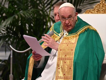 Pope Francis delivers his homily during a mass to mark World Day of the Poor on November 1