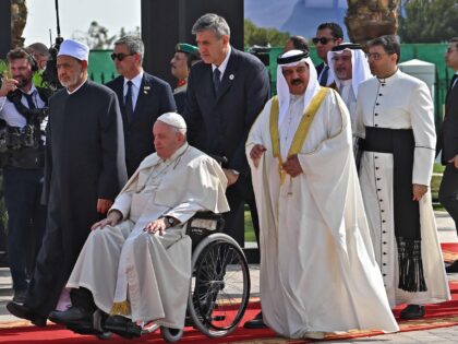 Grand Imam of al-Azhar mosque Sheikh Ahmed Al-Tayeb (C L), Pope Francis (C), and Bahrain's King Hamad bin Isa al-Khalifa (C R), arrive for a meeting at Sakhir Royal Palace in the eponymous Bahraini city, on November 4, 2022. (Photo by Marco BERTORELLO / AFP) (Photo by MARCO BERTORELLO/AFP via …