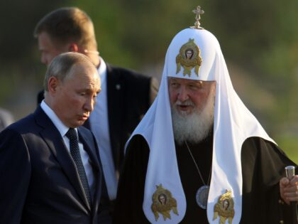 PSKOV, RUSSIA - SEPTEMBER,11 (RUSSIA OUT): Russian President Vladimir Putin (L) and Orthodox Patriarch Kirill (R) attend the opening ceremony of the monument to Prince Alexander Nevsky and His Guard at the supposed location of 1224 Battle on Ice, also known as Lake Peipus (Chudskoye) Battle, on September,11,2021, in Samolva …