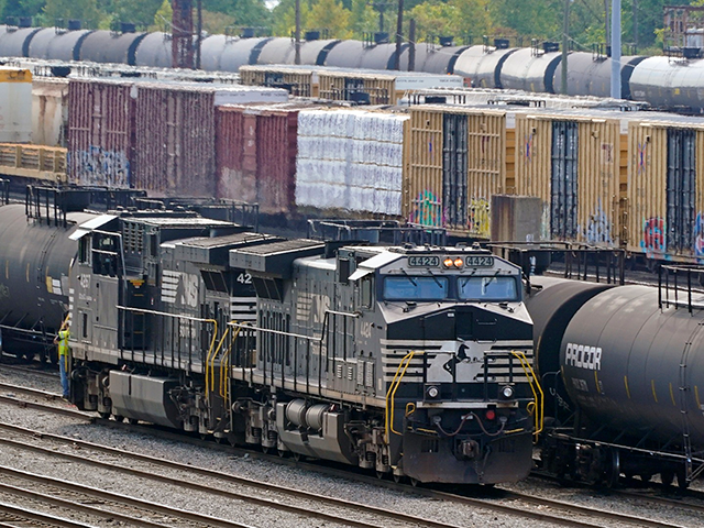 Norfolk Southern locomotives work in the in the Conway Terminal on Sept. 15, 2022, in Conway, Pa. Another railroad union rejected its deal with the major freight railroads Wednesday, Oct. 26, as workers are increasingly frustrated with the lack of paid sick time in the industry, adding to concerns about …