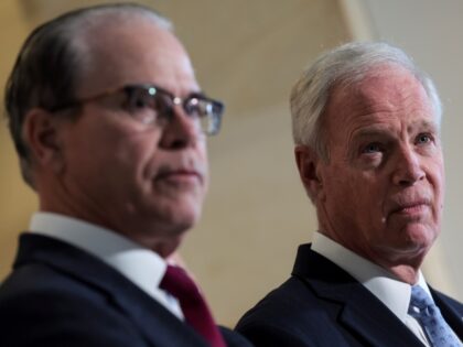 WASHINGTON, DC - FEBRUARY 02: U.S. Sen. Ron Johnson (R-WI) (R), joined by Sen. Mike Braun (R-IN), speaks on southern border security during a press conference at the Russell Senate Office Building on February 02, 2022 in Washington, DC. The group of Republican Senators spoke out about the Biden Administration's …