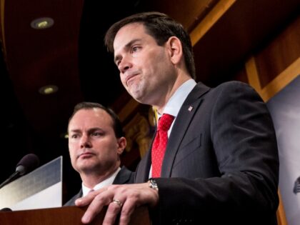 WASHINGTON, DC - MARCH 4: Sen. Marco Rubio (R-FL) speaks next to Sen. Mike Lee (R-Utah) du