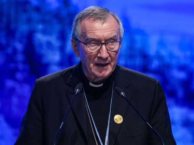 The Holy See's Secretary of State Cardinal Pietro Parolin delivers a speech at the leaders