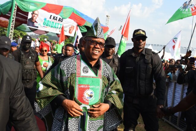 Labour Party's Presidential candidate Peter Obi (C) is appealing to many young Nigerians w