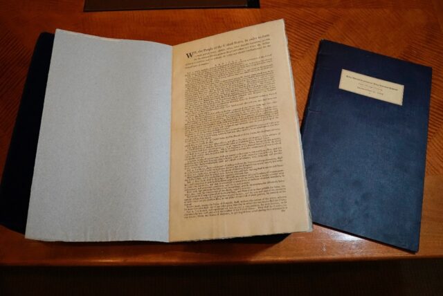 A rare original copy of the 1787 U.S. Constitution, photographed at Sotheby's in New York