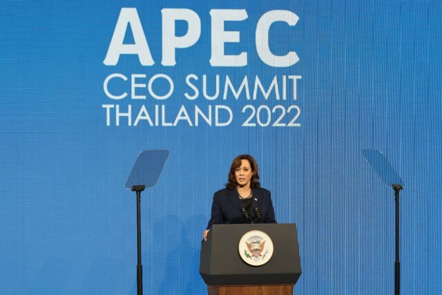US Vice President Kamala Harris addresses the APEC CEO Summit during the Asia-Pacific Econ