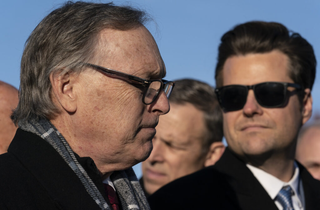 Rep. Andy Biggs, R-Ariz., a member of the conservative House Freedom Caucus, with Rep. Matt Gaetz, R-Fla., right, leads a group of Republican lawmakers calling for the impeachment Secretary of Homeland Security Alejandro Mayorkas because of illegal immigrants crossing the border from Mexico, at the Capitol in Washington, Tuesday, Dec. 13, 2022. Biggs has also stated he will try to thwart House Republican Leader Kevin McCarthy, D-Calif., from becoming speaker of the House. (AP Photo/J. Scott Applewhite)