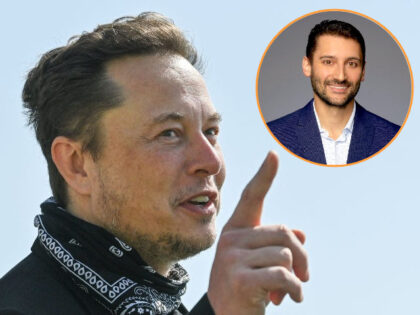 Elon Musk in Germany (Patrick Pleul - Pool/Getty Images) // Inset: Ben Collins (Twitter)