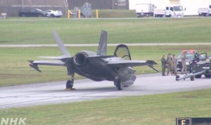 An American F-35B Lightning II was being towed on the ground at the Kadena Air Base in Oki