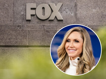 Fox signage outside the News Corp. headquarters in New York, U.S., on Sunday, Feb. 6, 2022; inset Lara Trump (Jeenah Moon/Bloomberg via Getty Images; Samuel Corum/Getty Images)
