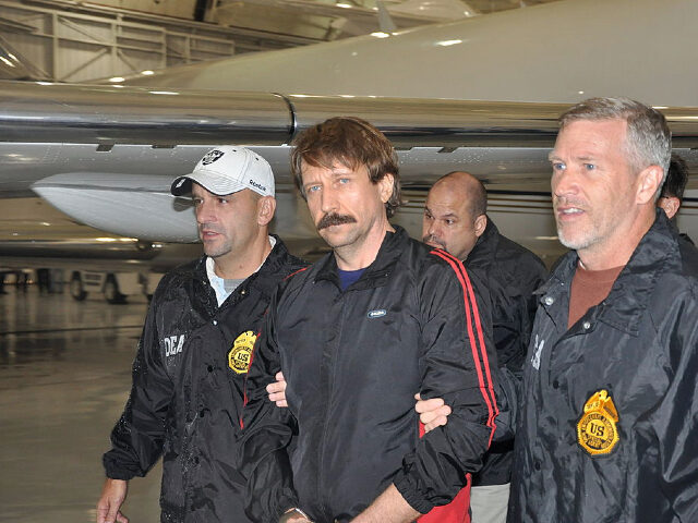 WHITE PLAINS, NY - NOVEMBER 16: In this photo provided by the U.S. Department of Justice, former Soviet military officer and arms trafficking suspect Viktor Bout (C) deplanes after arriving at Westchester County Airport November 16, 2010 in White Plains, New York. Bout was extradited from Thailand to the U.S. …