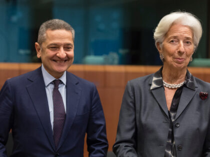 BRUSSELS, BELGIUM - JANUARY 20, 2020 : Italian member of the European Central Bank's executive board Fabio Panetta (L) and the President of the European Central Bank (ECB) Christine Lagarde (R) are waiting prior an Eurogroup Ministers meeting in the Jusuts Lipsius, the European Union Council headquarter on January 20, …