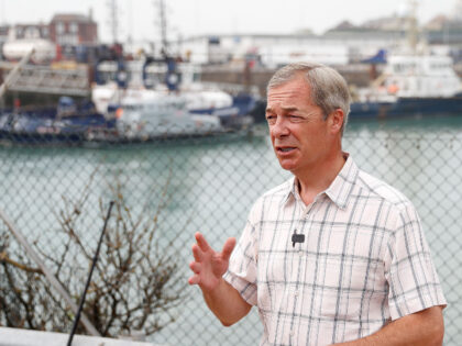 Brexit Party leader Nigel Farage addresses members of the media near Dover Port in Dover, southeast England on August 12, 2020. - British Prime Minister Boris Johnson on Monday said illegal migrant crossings of the Channel, which have hit record numbers, were "very bad and stupid and dangerous" on the …