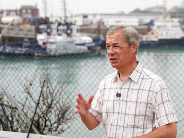 Brexit Party leader Nigel Farage addresses members of the media near Dover Port in Dover,